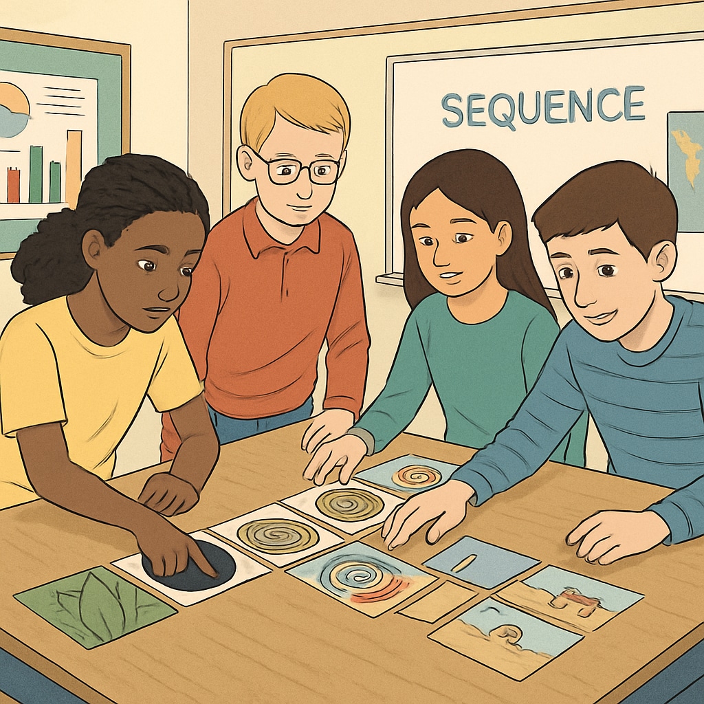 Students arranging visual cards in a Zoom/ReZoom activity to form an answer sequence in a classroom setting.