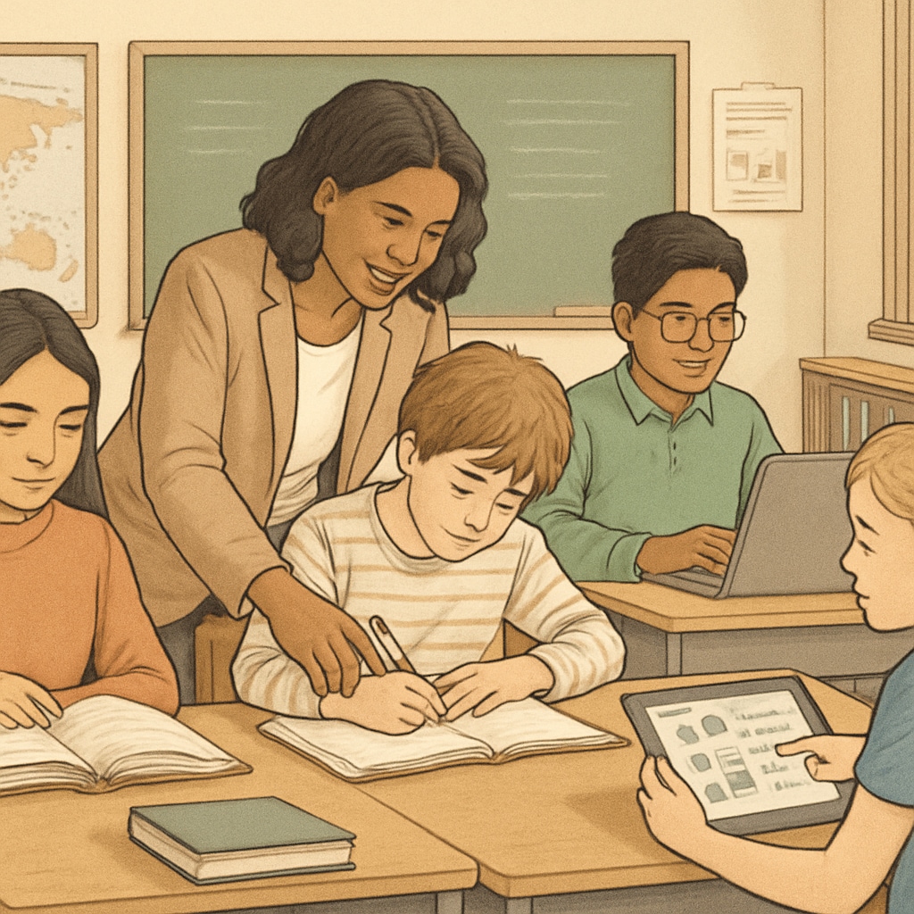 Teacher helping students in a classroom, symbolizing diverse learning methods.