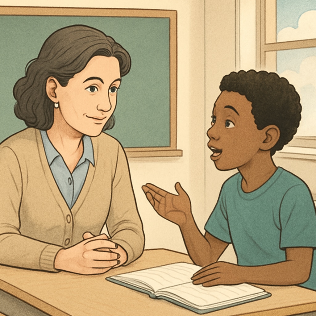 A teacher sitting with a student, listening attentively, demonstrating the importance of active listening in education. Teacher listening attentively to a student, emphasizing teacher-student connection.