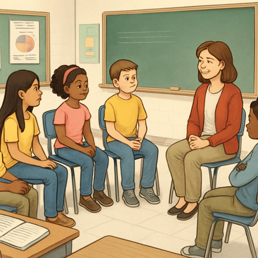 A classroom setting where students and teachers engage in a listening circle, showcasing mutual respect and open communication. Classroom environment with a listening circle, highlighting teacher-student interaction.