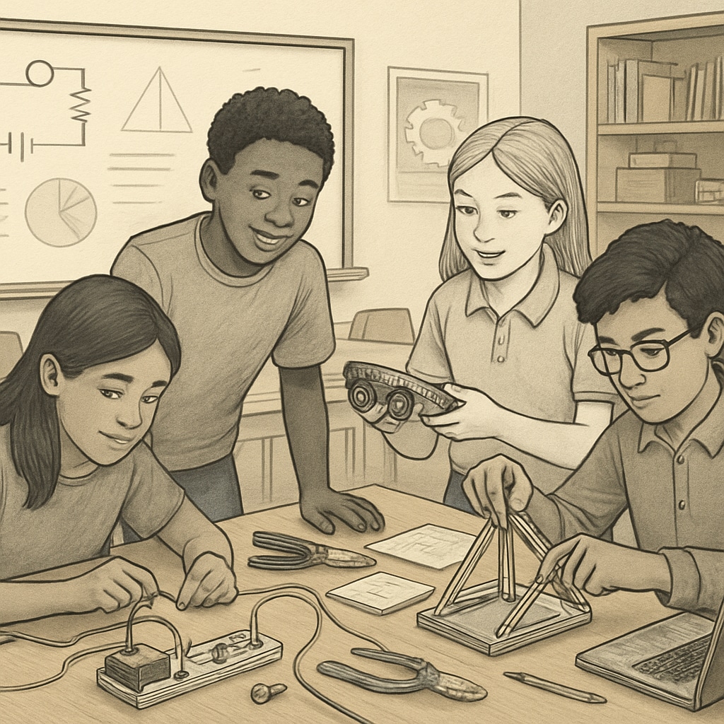 Students in a classroom working on a STEM project to develop skills for design engineering, degree paths, and career development.