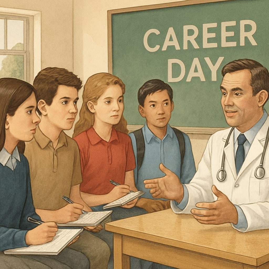 A group of high school students interviewing a doctor during a school career day event, highlighting the interaction between young learners and healthcare professionals. High school students conducting a doctor interview for a school career project