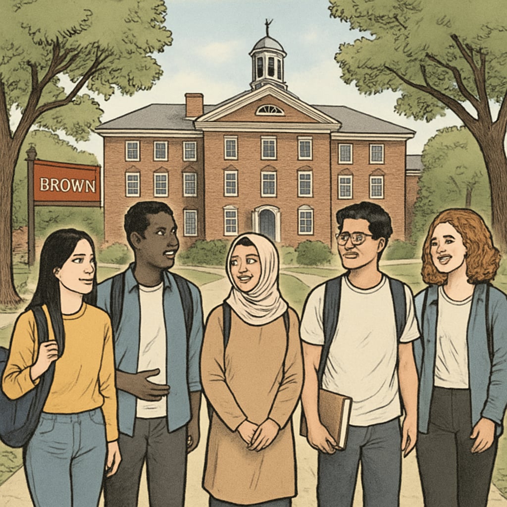 A group of students walking through Brown University's campus, illustrating diversity and inclusion efforts. Students walking on Brown University's campus, symbolizing diversity and gender inclusivity.