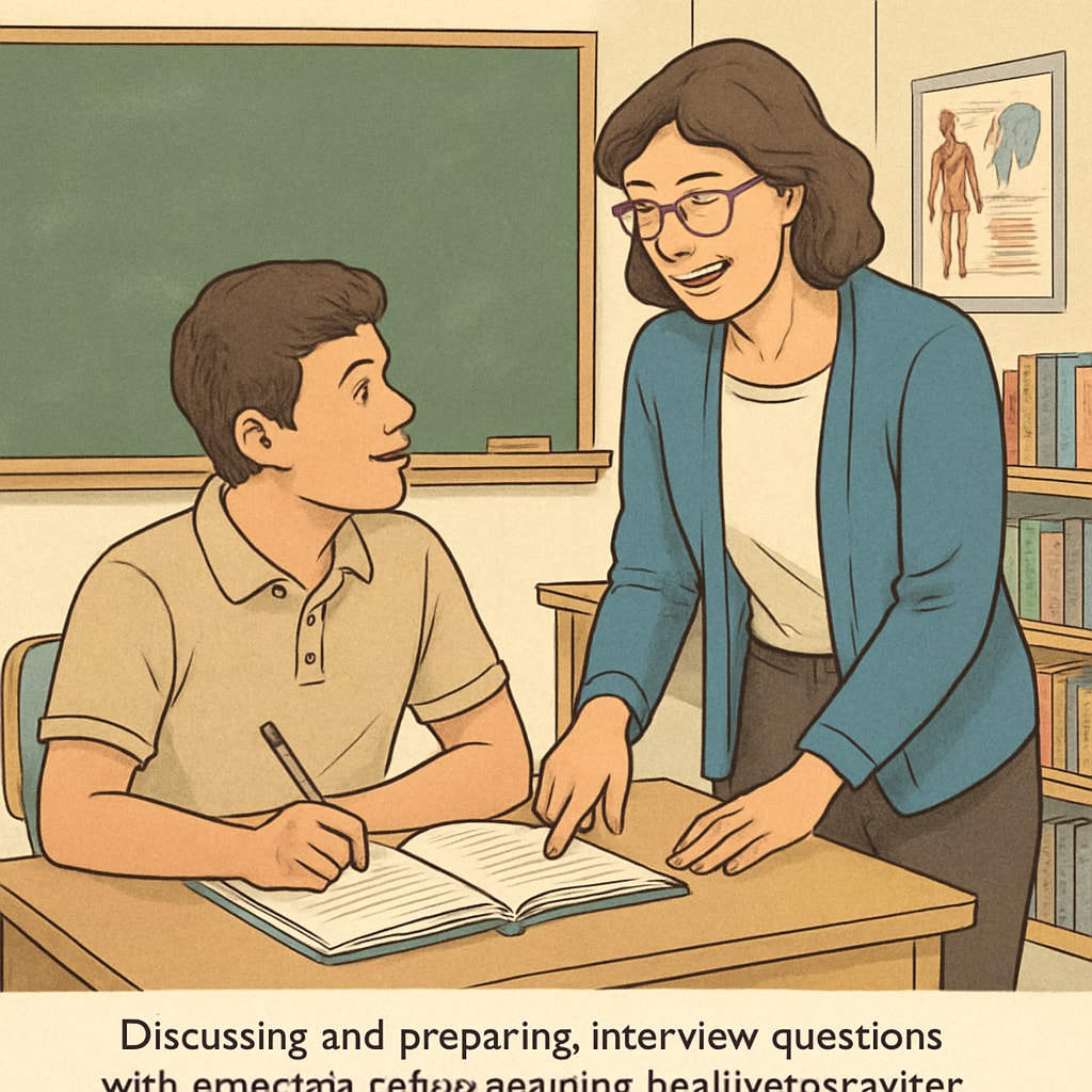 A student preparing interview questions with a teacher before meeting a healthcare professional, emphasizing the importance of preparation in career exploration projects. Student and teacher collaborating on questions for a doctor interview