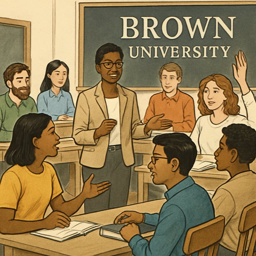 A Brown University classroom showcasing a diverse group of students engaged in discussion, symbolizing inclusivity in education. Classroom at Brown University with diverse students discussing inclusivity and gender policies.
