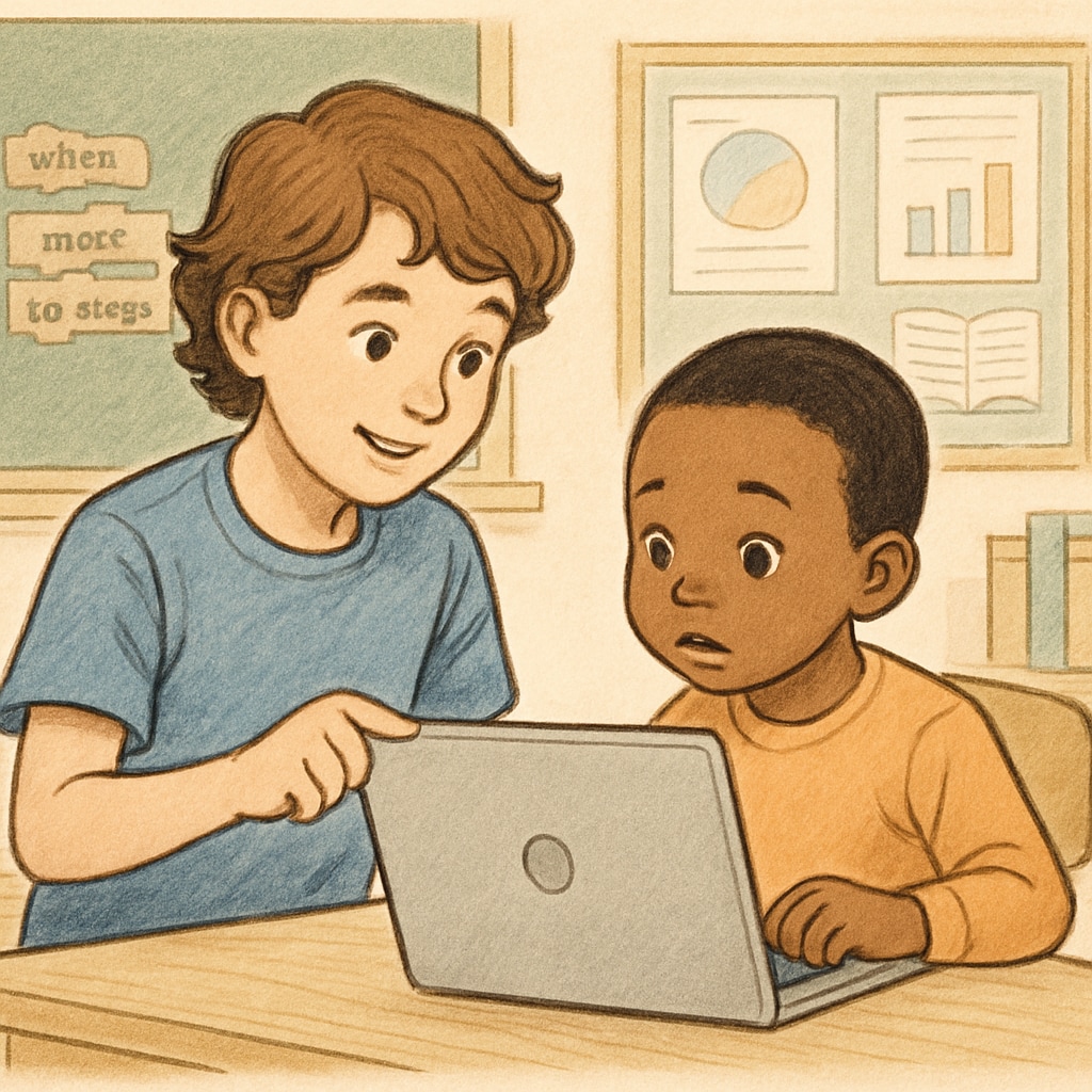 A fourth grader assisting a kindergartener with coding on a laptop, fostering teamwork and mentorship. Fourth grader mentoring a kindergartener in basic coding on a laptop.