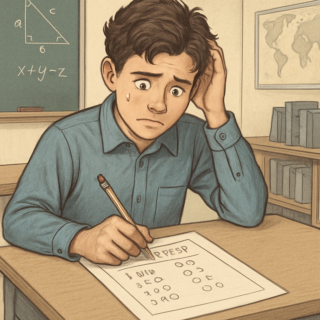 A high school student looking nervous while solving a math test, with multi-choice questions visible on the paper. A student experiencing math exam anxiety while facing multi-choice questions.