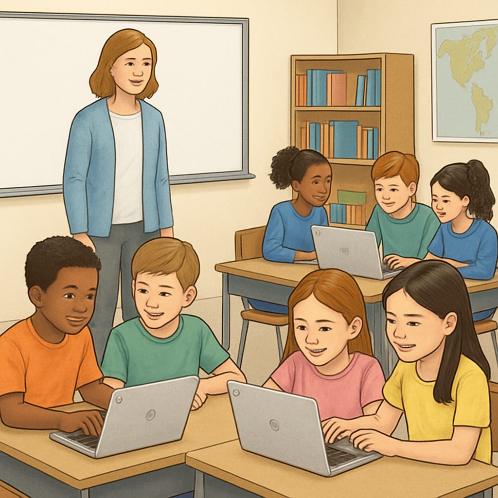 Students using Chromebooks in a classroom to enhance education efficiency.