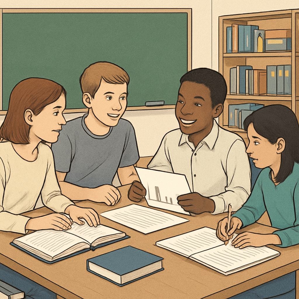 A classroom with students actively engaging in a group project, emphasizing collaborative learning methods. Students working together in a classroom, demonstrating effective learning strategies.