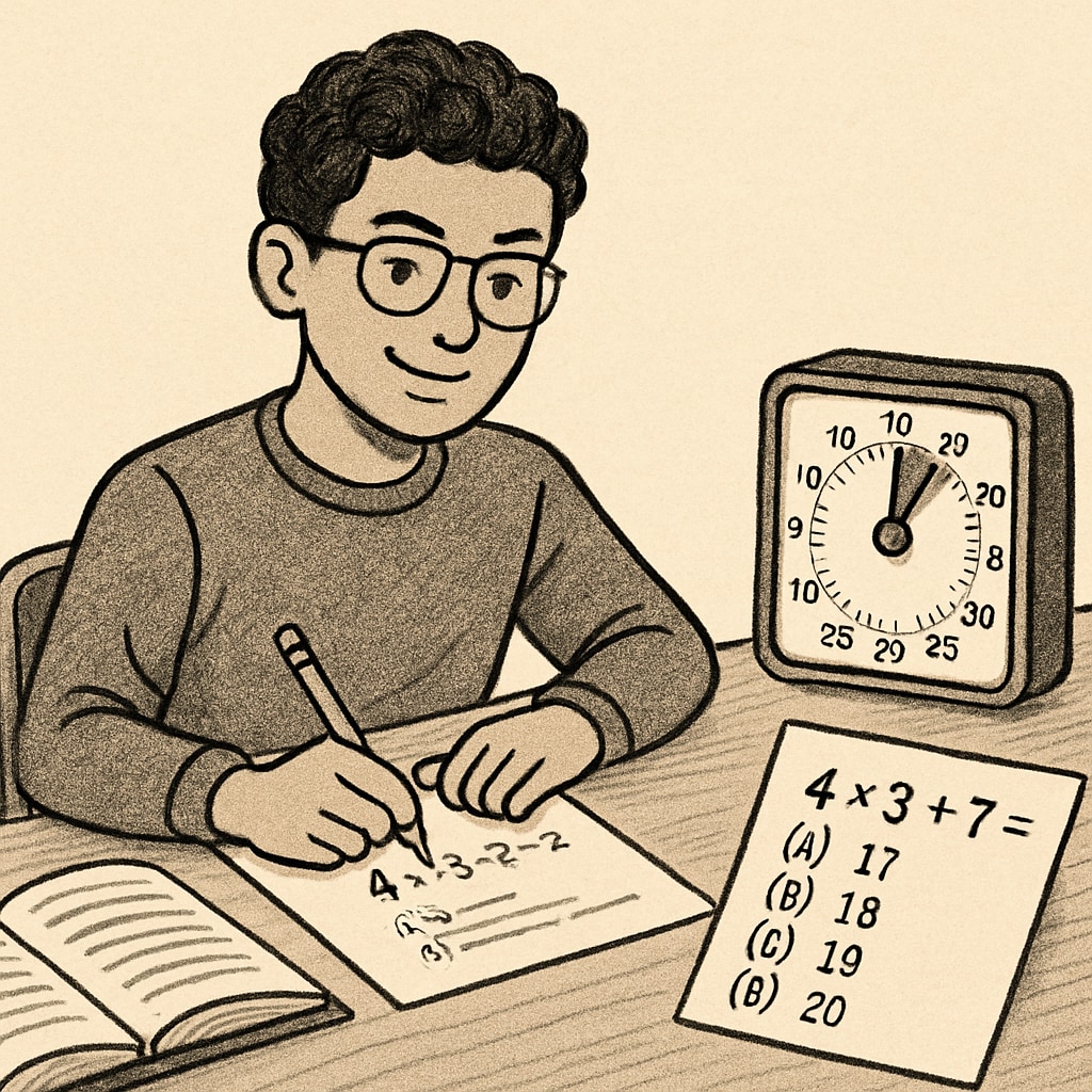 A student confidently solving a multi-choice math question, with a timer visible on the desk. A student confidently approaching multi-choice math questions under time pressure.
