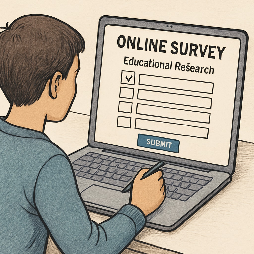 A person completing an online survey on a laptop, symbolizing easy participation in educational research. Online survey being filled out on a laptop, representing involvement in learning research.