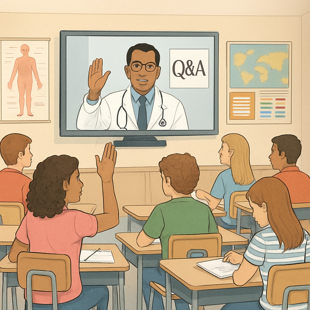 A group of high school students in a classroom setting, engaging in a virtual Q&A session with a medical professional. High school students participating in a virtual session about medical careers, school programs, and career counseling.