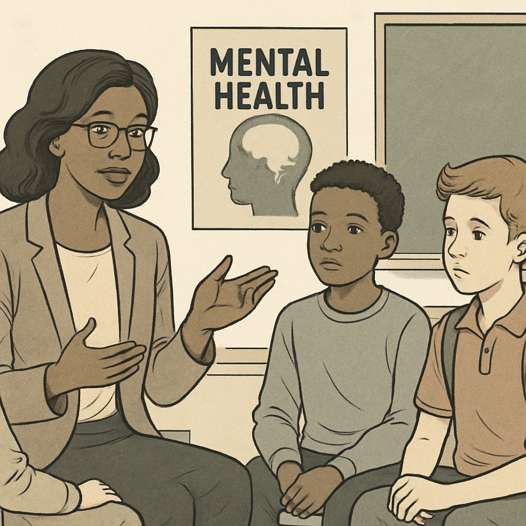 A professional counselor speaking with students in a school setting, emphasizing the importance of mental health and academic success. A school counselor discussing mental health and academic goals with students.