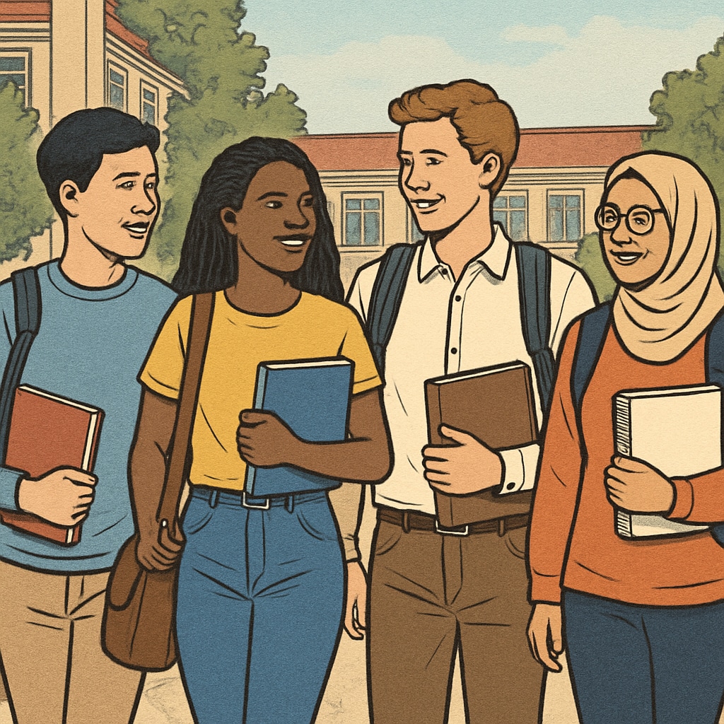 A group of diverse students walking on a university campus, symbolizing inclusivity and diversity. Brown University campus with diverse students representing gender inclusivity