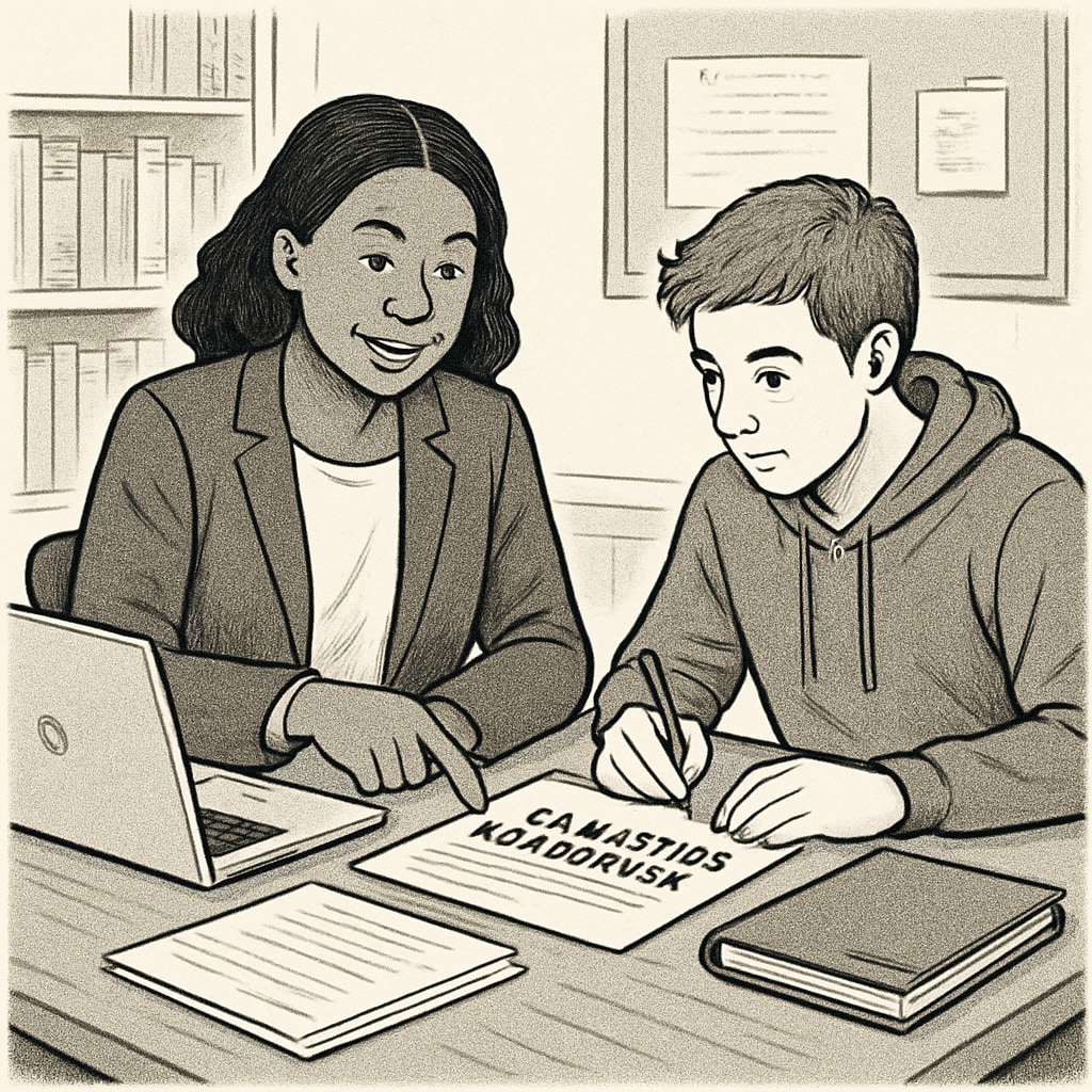 An advisor guiding a student through the US master's application process, sitting at a desk with documents and a laptop. Study abroad advisor helping a student with US master's application.