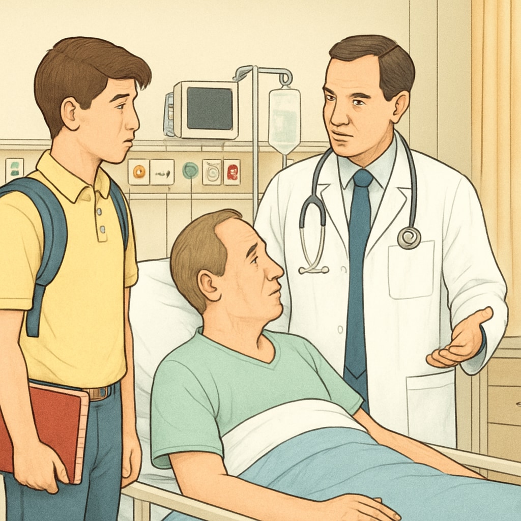 A high school student shadowing a doctor in a hospital setting, observing patient care. A student observing a doctor to learn about medical careers and career counseling.