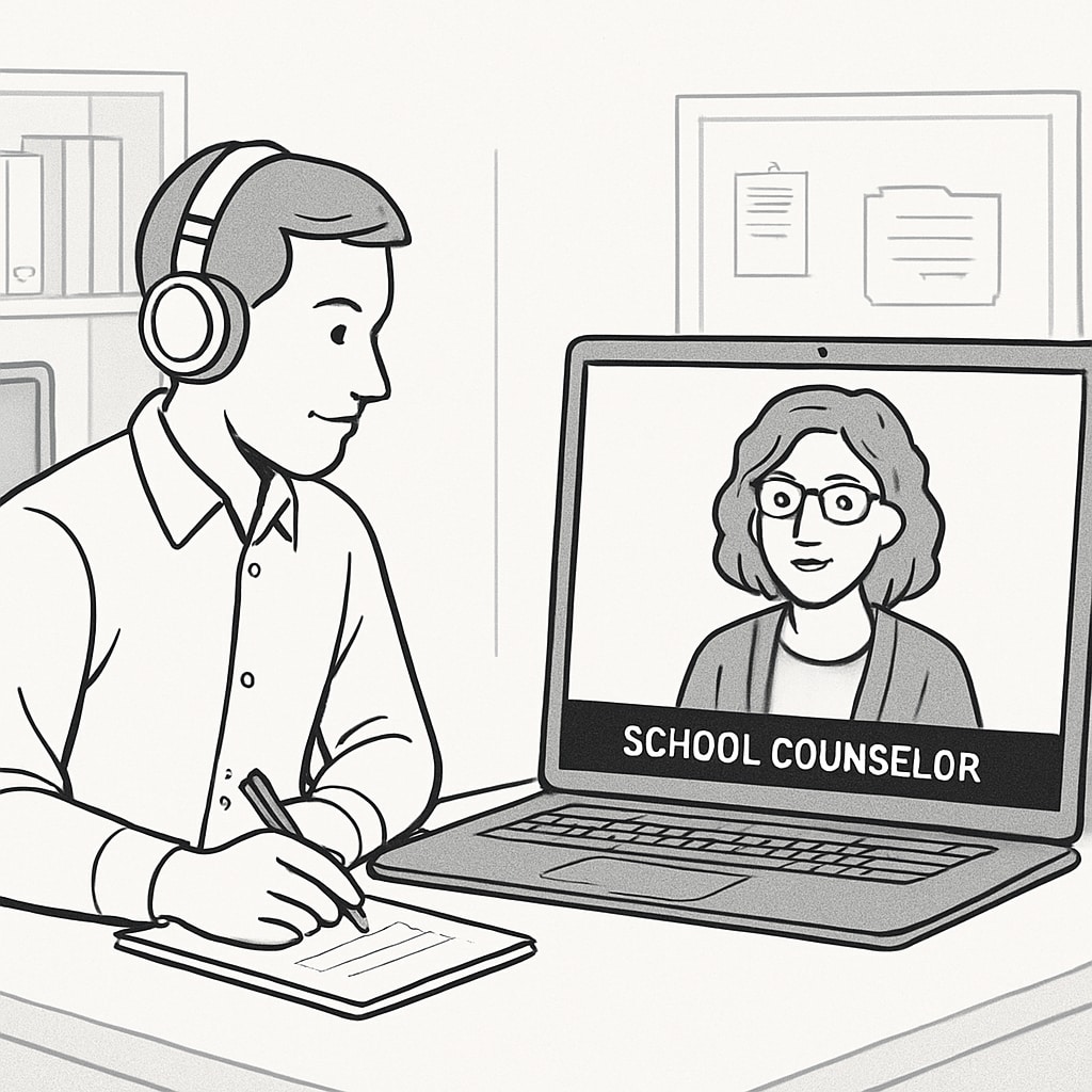 A researcher conducting a virtual interview with a school counselor, illustrating the interview process for educational research. A graduate student interviewing a school counselor via video call for research purposes.