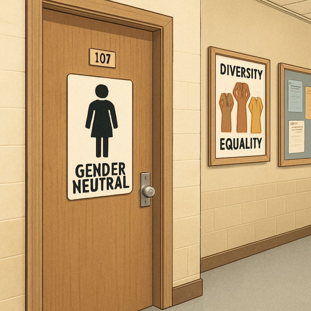 A university dorm room with a gender-neutral sign on the door, symbolizing safe spaces for all genders. Gender-neutral dorm room at Brown University representing inclusivity for transgender students