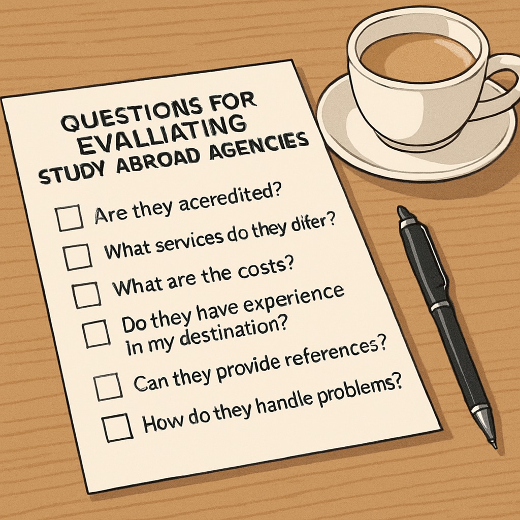 A checklist of questions for evaluating study abroad agencies, placed on a table with a pen and coffee cup. Checklist for choosing a study abroad agency for US master's degree applications.