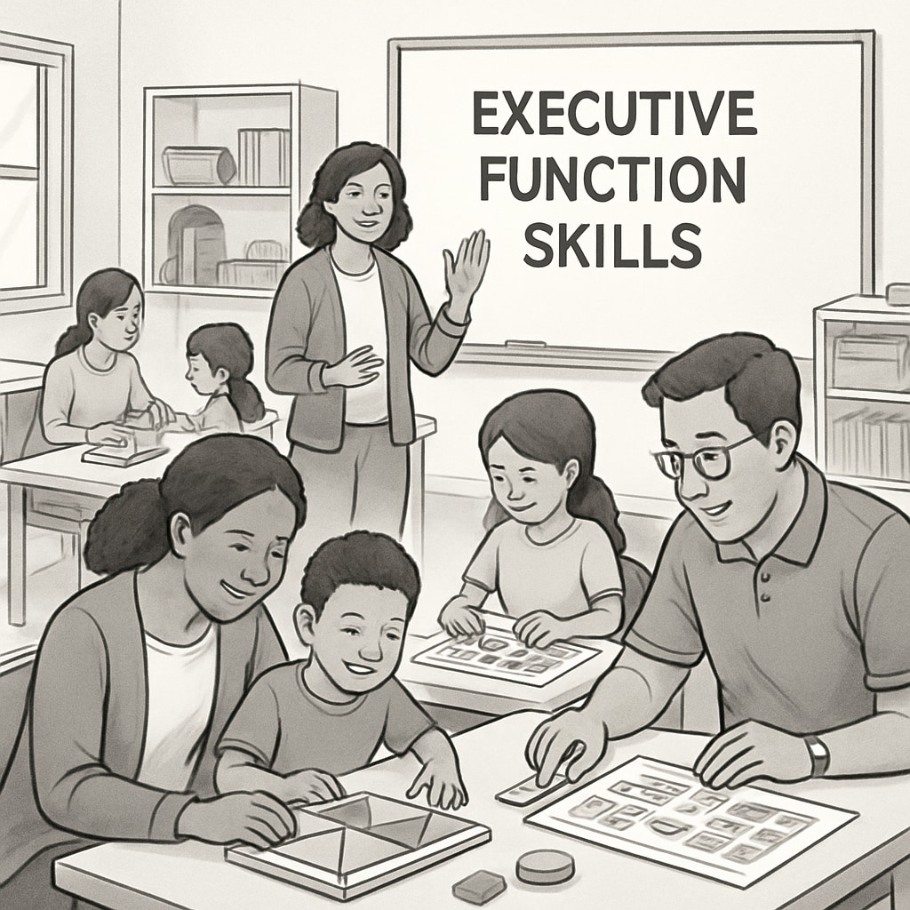 Parents and children engaging in an interactive workshop about executive function skills. The image shows a classroom setting with hands-on activities and supportive interactions among participants. Parents and children learning strategies for executive function at a workshop.