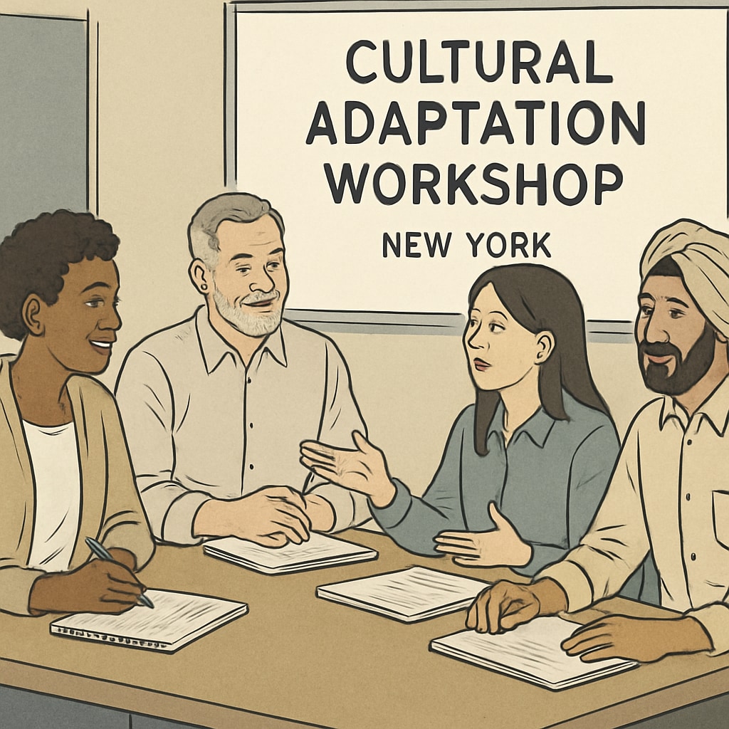 A diverse group of adult learners attending a cultural adaptation workshop in New York, sitting around a table and engaging in discussion. Adult learners in New York participating in a cultural adaptation workshop.