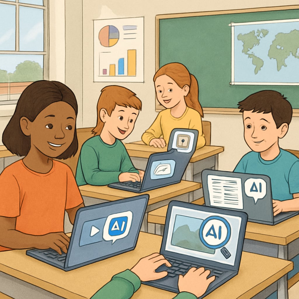 A classroom setting where students use laptops and AI-powered tools to analyze digital media. Students using AI tools for media literacy and critical thinking in a classroom.