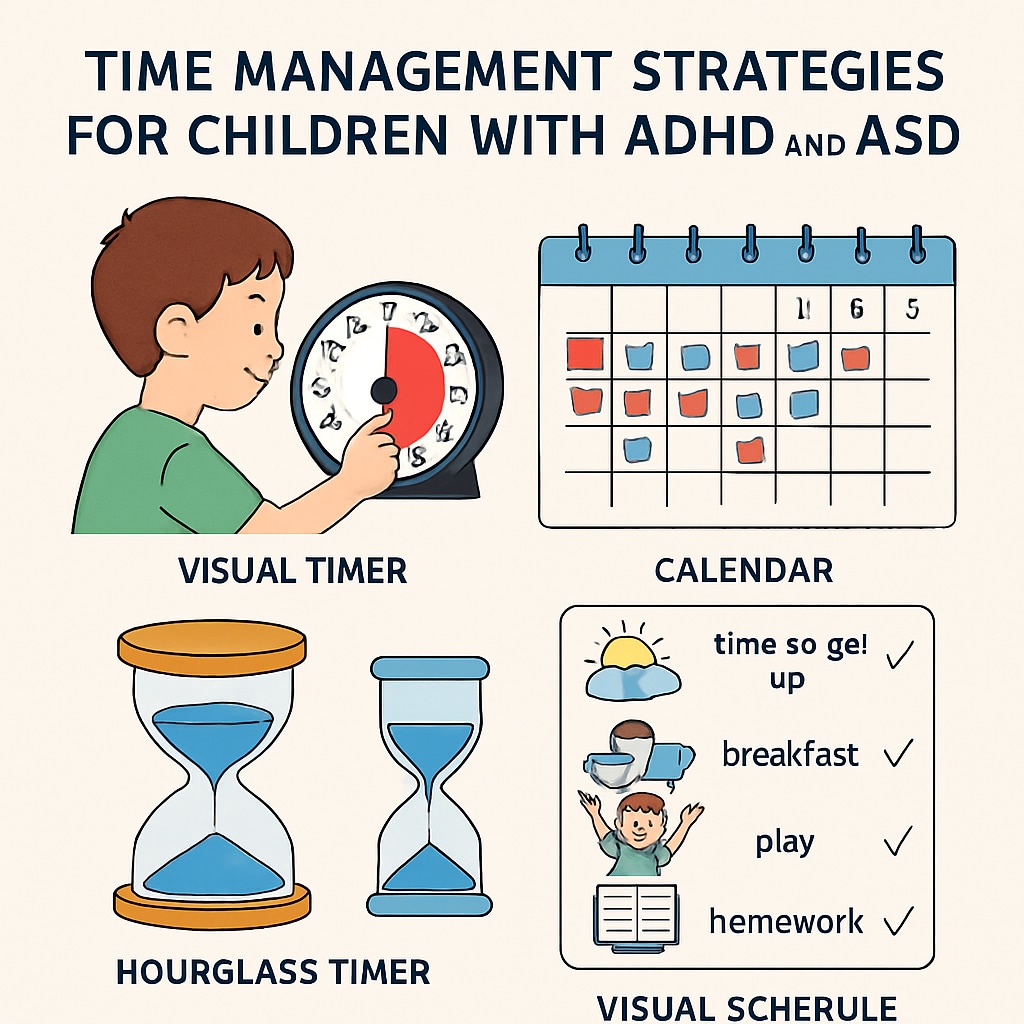 A visual infographic illustrating time management strategies for ADHD and ASD children. Includes timers, calendars, and visual aids to simplify daily routines. Infographic showing time management tools for children with special needs.