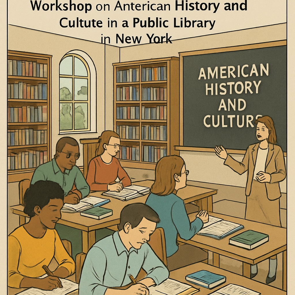 A public library in New York hosting a workshop on American history and culture, with participants taking notes. Workshop on American history and culture at a New York public library.
