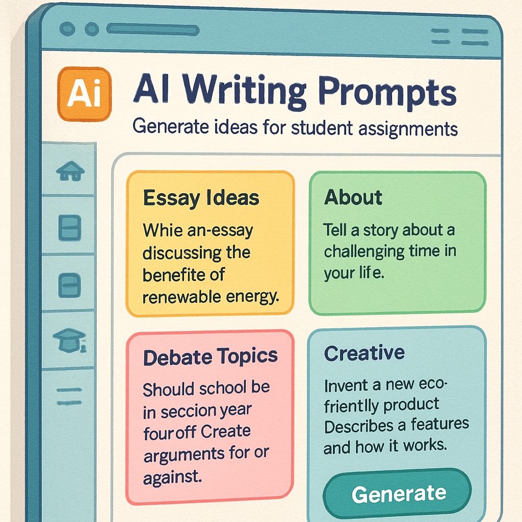 A close-up of a digital interface displaying AI-generated writing prompts tailored for students. AI-generated writing prompts displayed on a digital interface for student exercises.