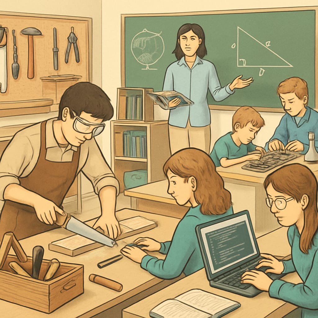 A classroom where students are learning hands-on vocational skills, such as carpentry or programming, alongside academic lessons. Students learning vocational skills alongside traditional academics.