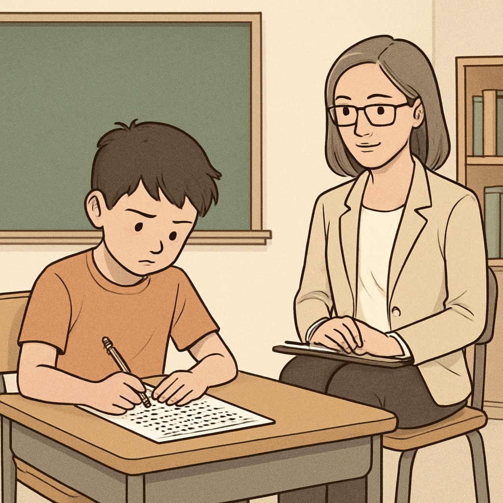 A child taking a standardized test under the supervision of a psychologist, representing talent assessment in education. Child undergoing talent assessment through a standardized test, highlighting intelligence testing.