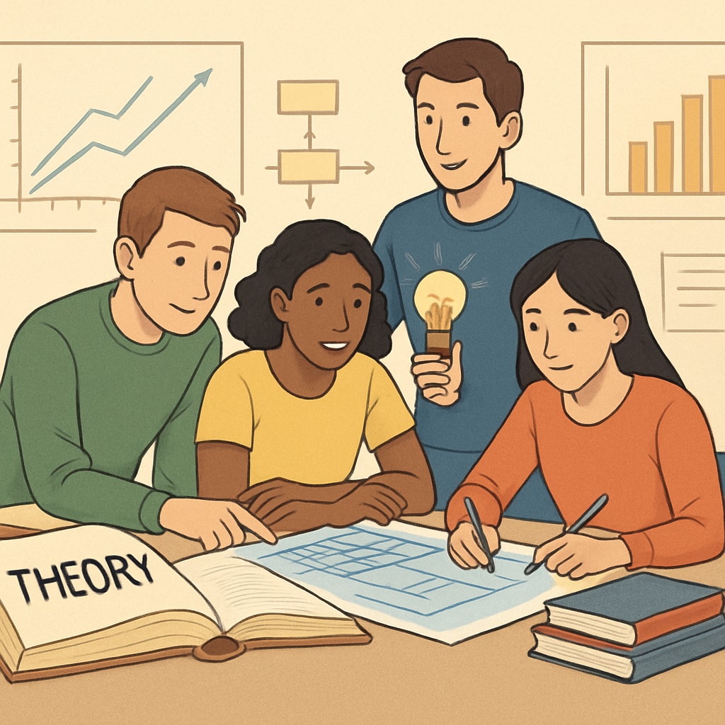 Students engaged in a collaborative project, illustrating how academic theories are applied to solve real-world challenges. Students applying academic concepts to real-world problems.