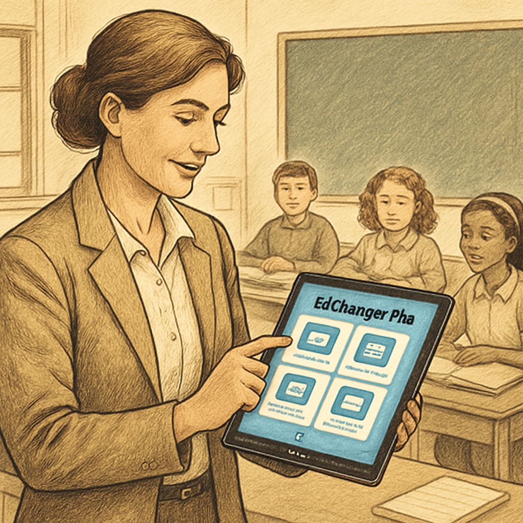 A teacher using a tablet in a classroom with EdChanger Pro displayed, symbolizing seamless integration of technology in education. A teacher utilizing EdChanger Pro, an education app, to manage classroom tasks efficiently.