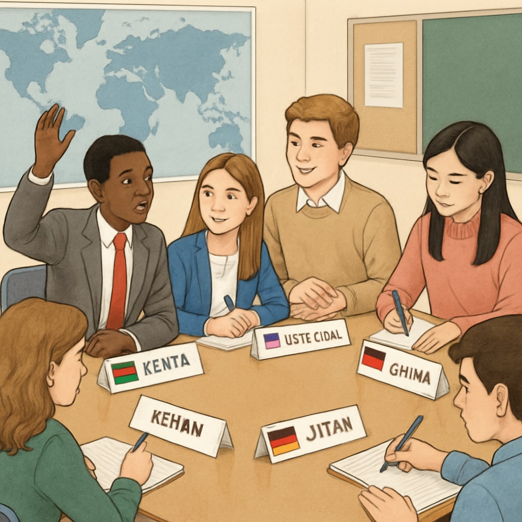 A group of high school students participating in a Model United Nations conference, showcasing their global teamwork skills. High school students at a Model UN conference, a key activity for building international competitiveness.