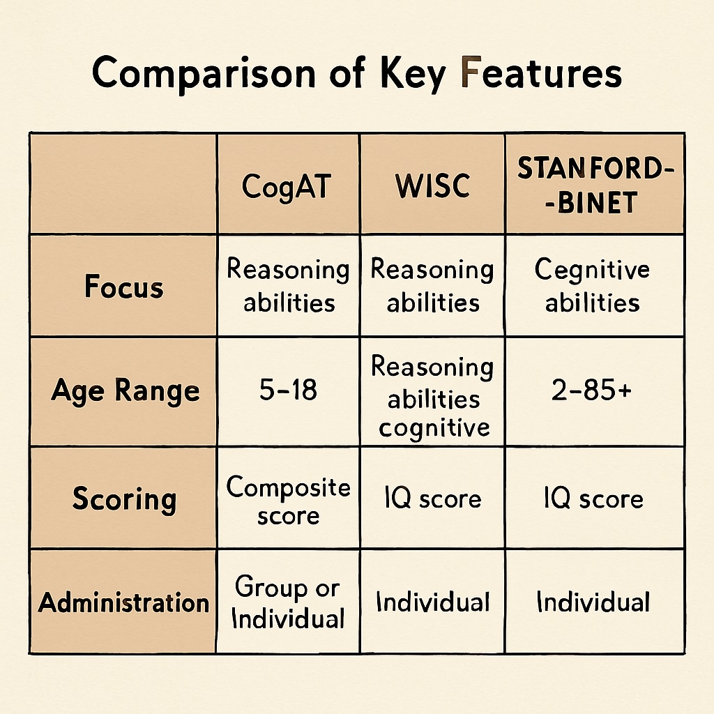 A comparison chart showing the key features of CogAT, WISC, and Stanford-Binet, highlighting their differences. Chart comparing CogAT, WISC, and Stanford-Binet as tools for children’s talent assessment.