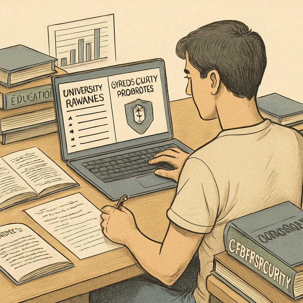 A student researching university rankings and cybersecurity programs on a laptop. University reputation and cybersecurity programs research.
