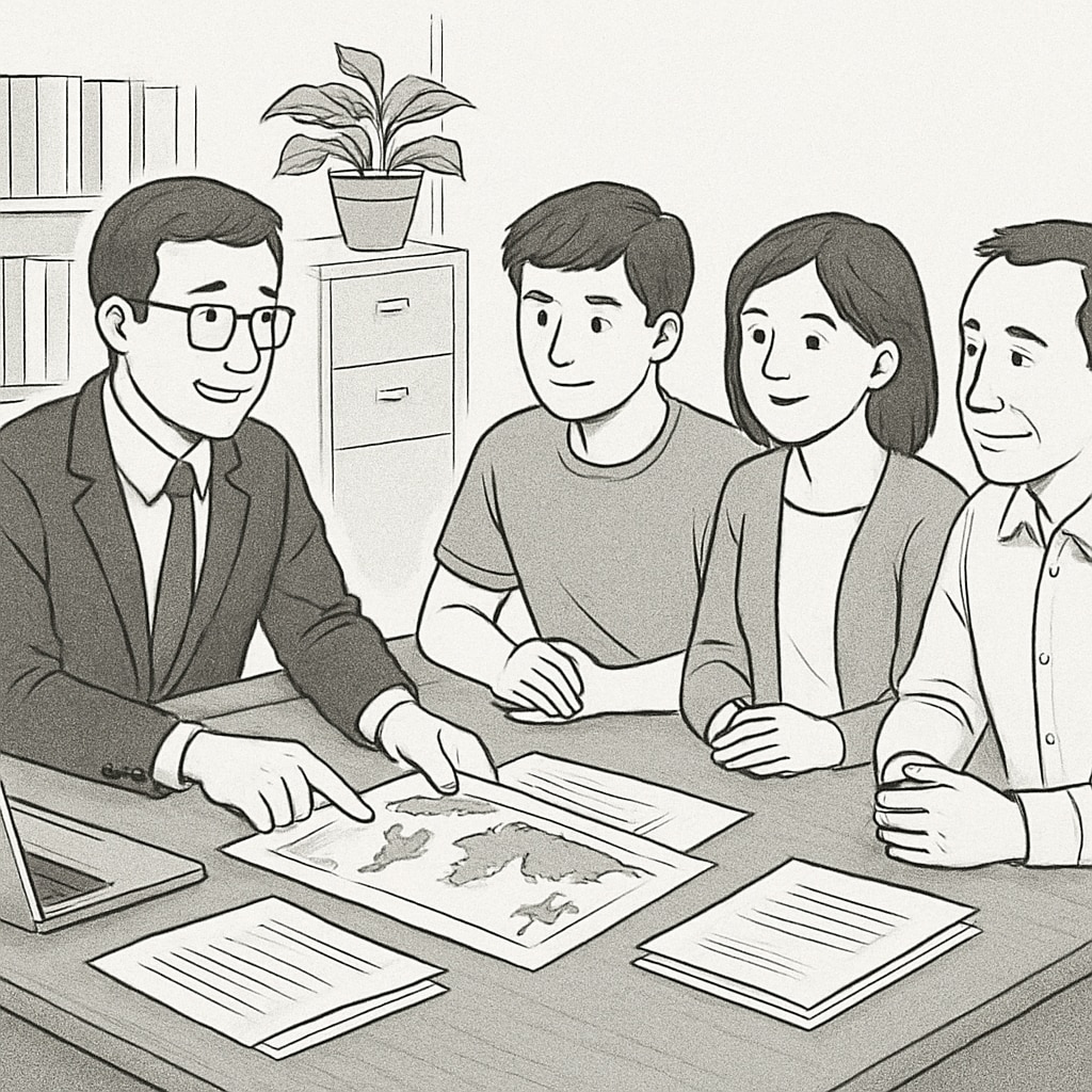 A professional consultant reviewing a student’s study abroad plan with a family, emphasizing personalized guidance. Study abroad consultant helping a family plan for U.S. master’s programs.
