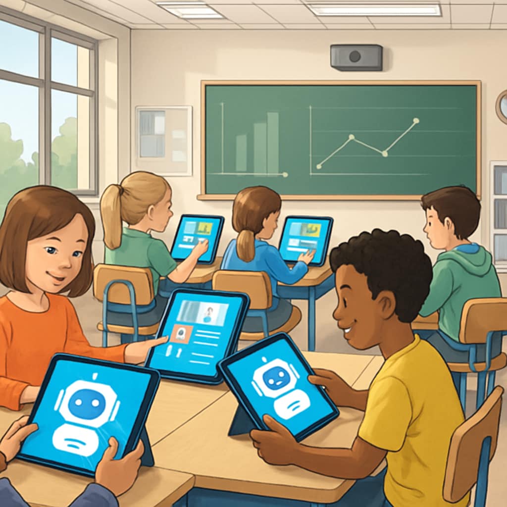 A high-tech classroom with students using AI-powered tablets to learn interactively. Students using AI-powered tablets in a high-tech classroom for personalized learning.