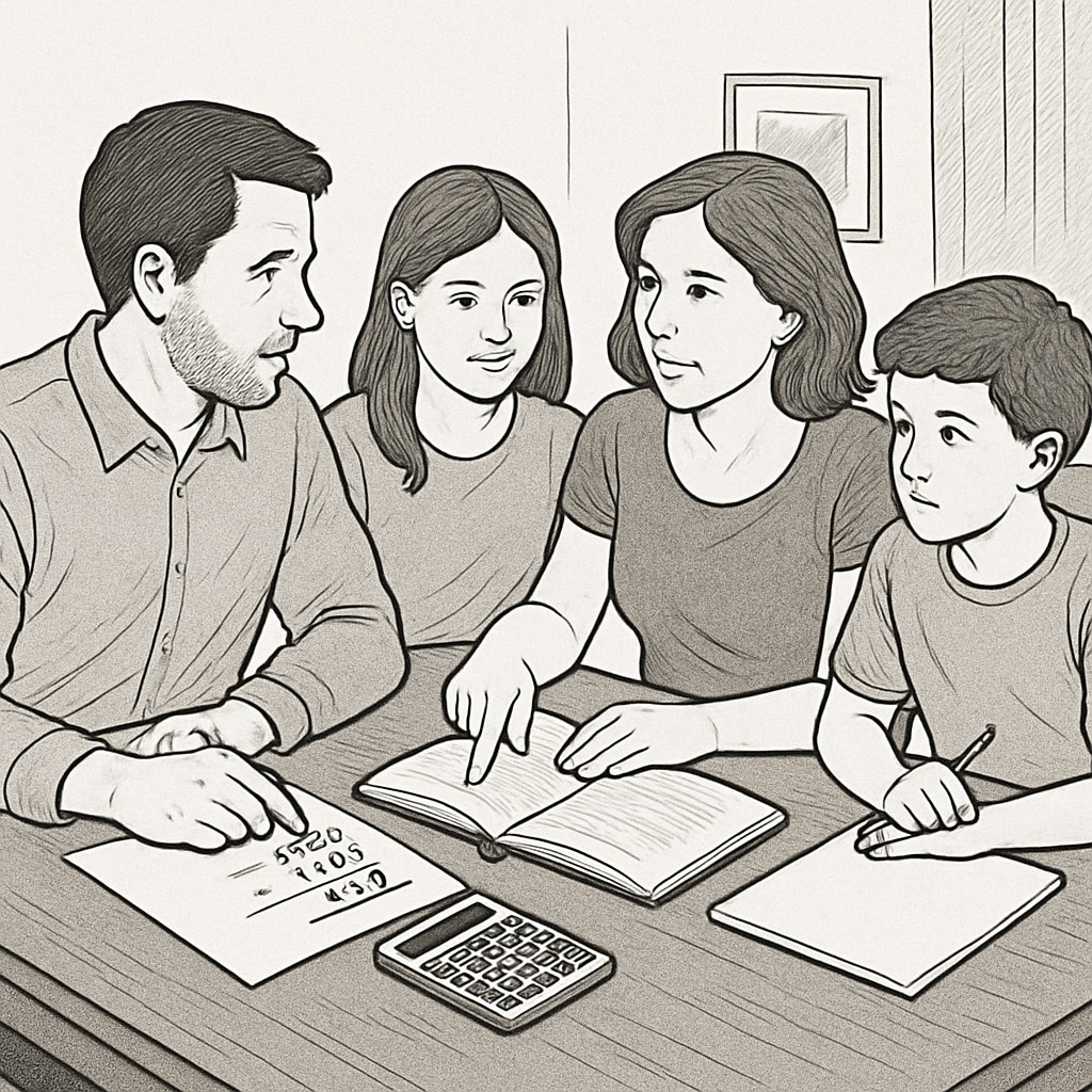 Budgeting discussion with a family using math concepts.