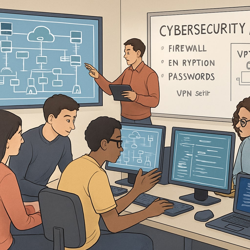 A cybersecurity lab where students are conducting network security simulations. Students practicing cybersecurity skills in a lab environment.