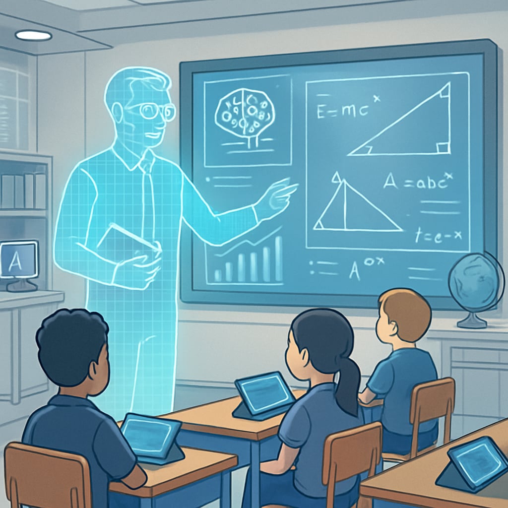 An AI-driven holographic teacher explaining concepts to students in a futuristic classroom setting. AI holographic teacher in a futuristic classroom teaching students interactively.