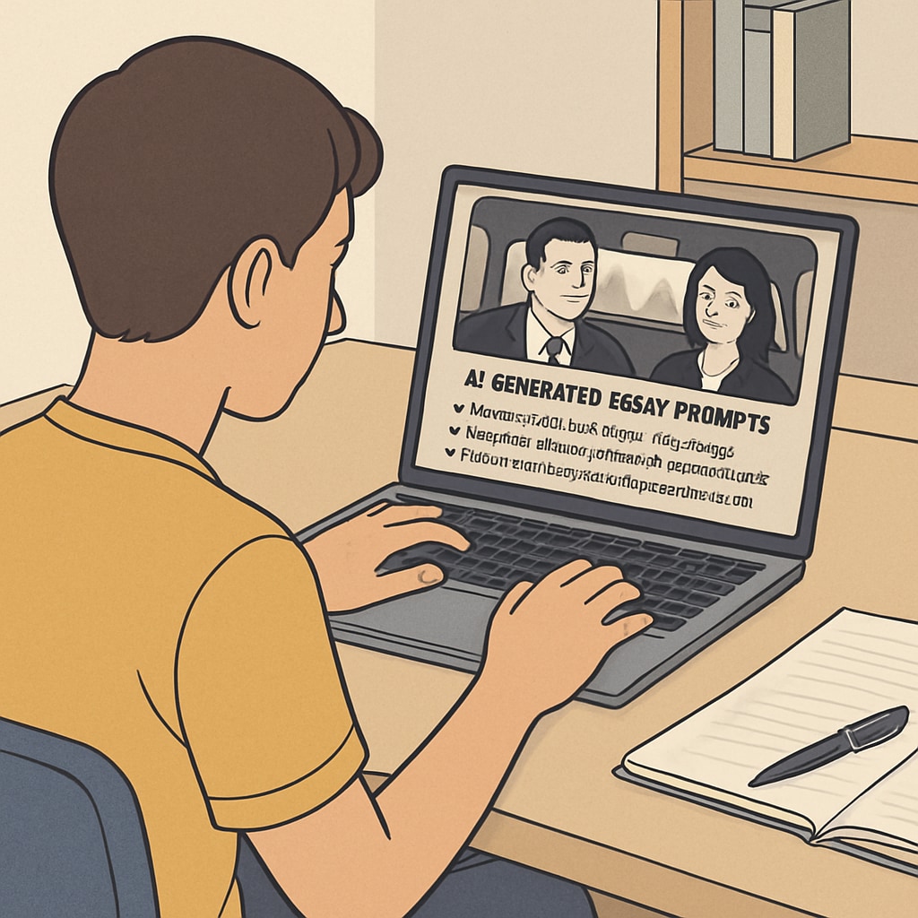 A student analyzing a movie scene on a laptop with AI-generated essay prompts displayed on the screen. Student using AI writing prompts for film analysis in a classroom setting.