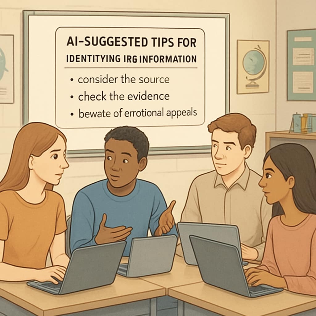 A classroom where students use laptops to compare AI-suggested tips for identifying misinformation. Classroom activity with students discerning fake news using AI tools.