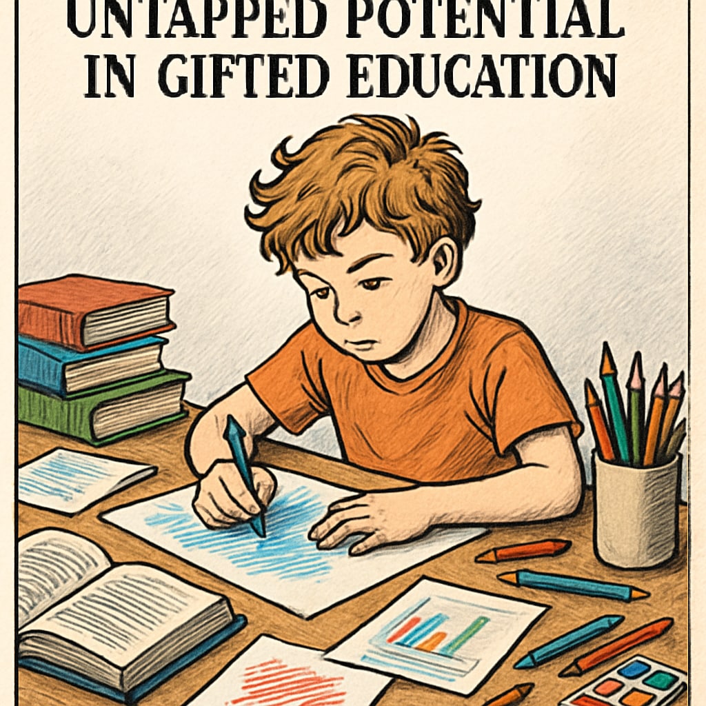 A student with ADHD working creatively at a desk, surrounded by colorful materials, symbolizing overlooked potential in gifted education. A child with ADHD engaged in creative work, highlighting untapped potential in gifted education.