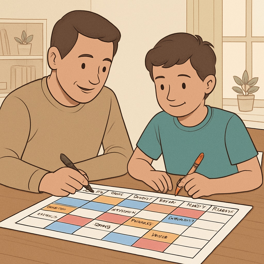 A parent working with their child on a color-coded calendar to improve time management. Parent helping child with ADHD manage time using a visual calendar.