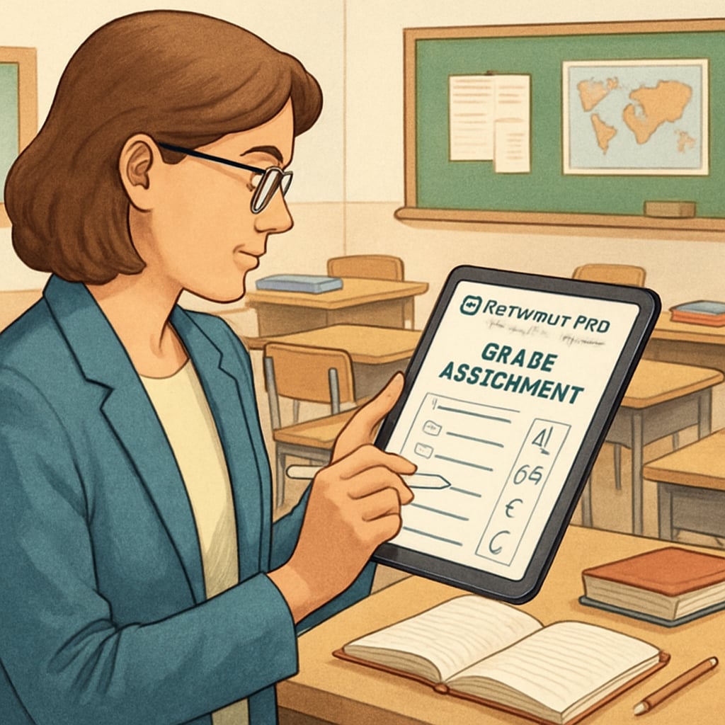 A teacher using EdChanger Pro on a tablet to grade assignments in a classroom setting. Teacher utilizing EdChanger Pro for grading tasks in a classroom.
