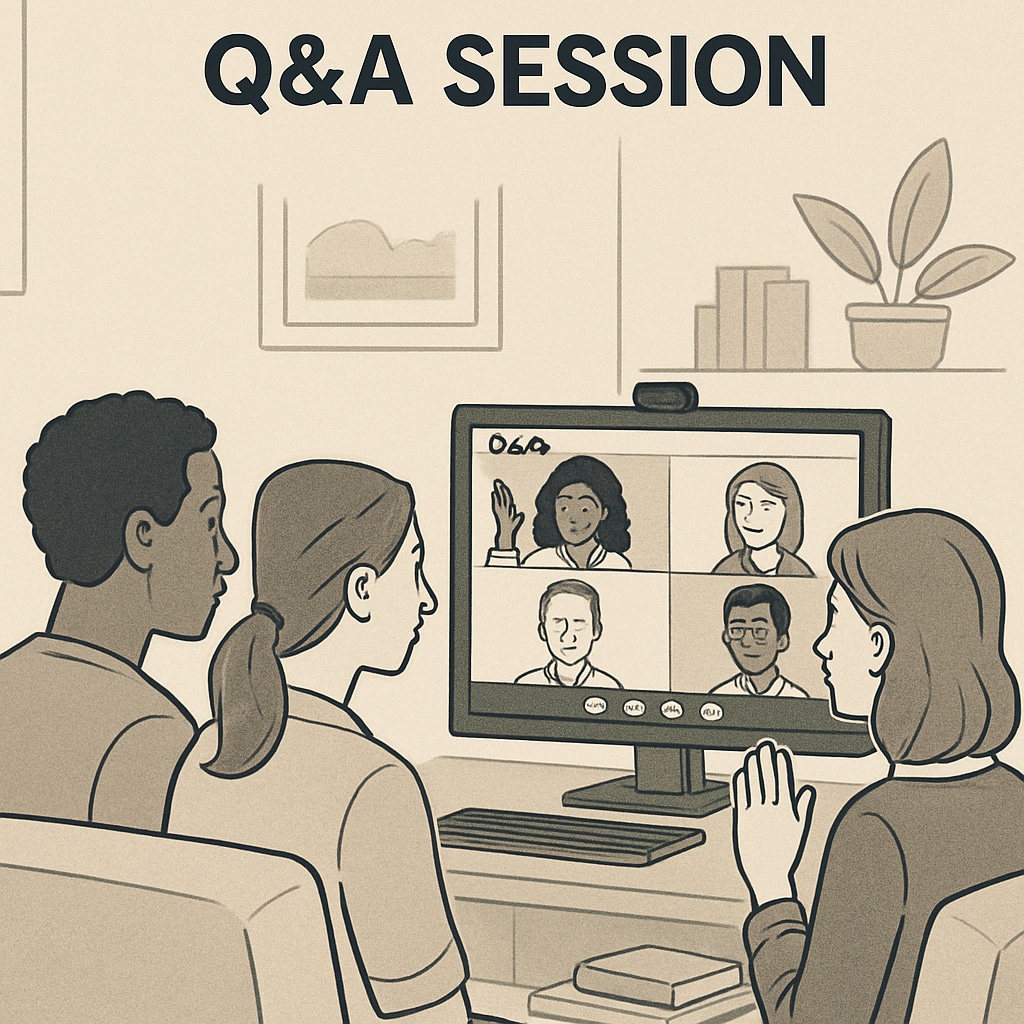 A group of parents engaging in a virtual Q&A session during the TEFOS Summit. Parents of special needs children participating in a virtual summit discussion.