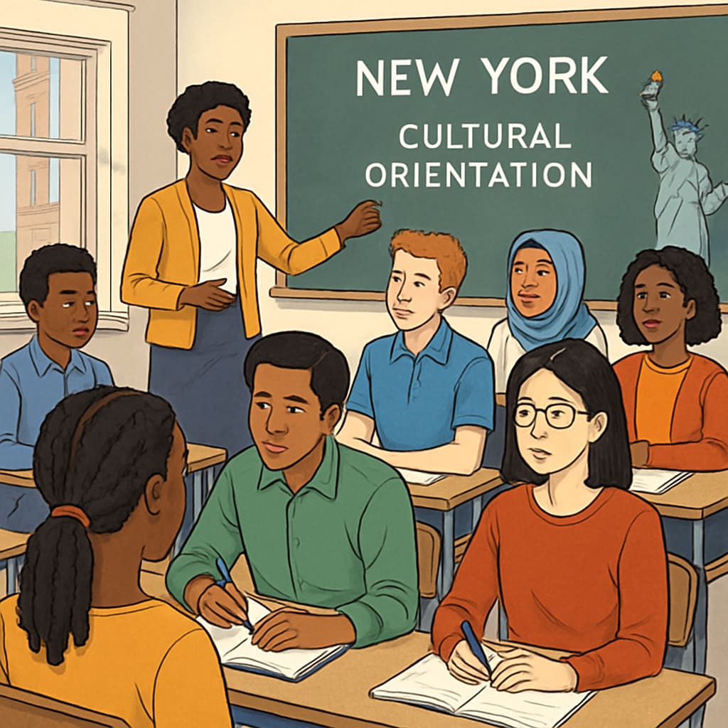 An image of international students attending a cultural orientation class in New York. International students learning cultural adaptation in a New York classroom.