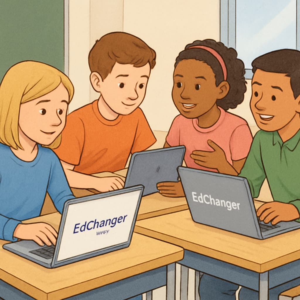 Students using EdChanger Pro on laptops during a collaborative classroom activity. Students engaging in a group project with EdChanger Pro in the classroom.