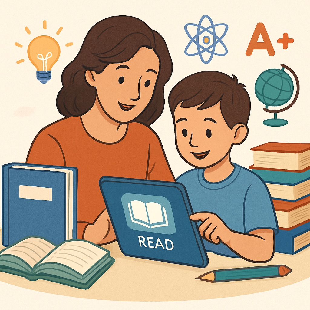 A parent and child using a tablet to explore a reading app, symbolizing learning and engagement. A parent and child using a children's reading app on an Android tablet.